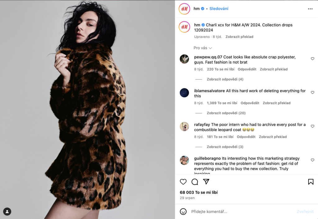 Negativní komentáře k příspěvku s Charli XCX na Instagramu